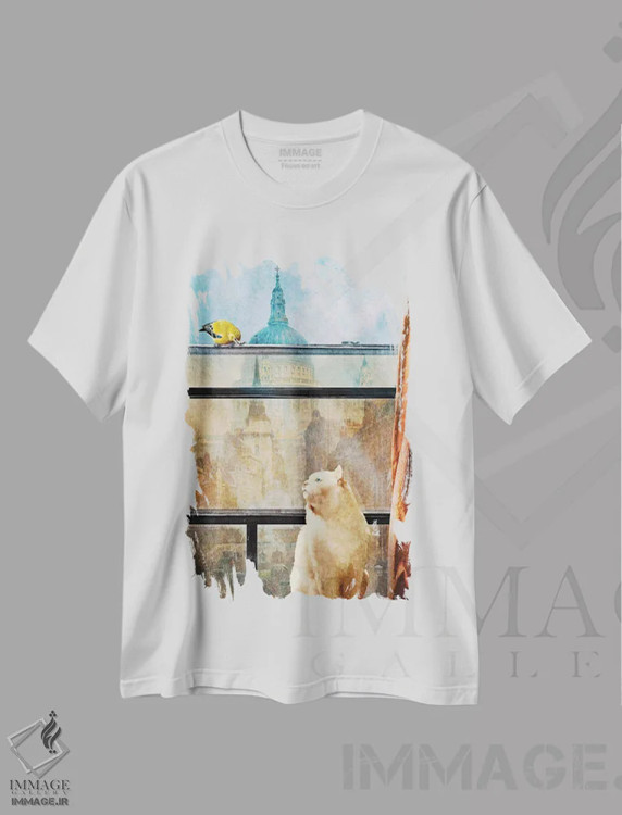 تیشرت سفید طرح دار پرنده و گربه، هنر فاخر معاصر اثر دیوگو وریسی مو | فروشگاه ایماژ