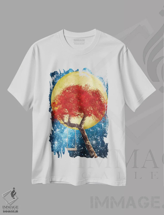 تیشرت سفید طرح دار تاب بازی زیر مهتاب طلایی، دکور بوهمی اثر دیوگو وریسی مو | فروشگاه ایماژ