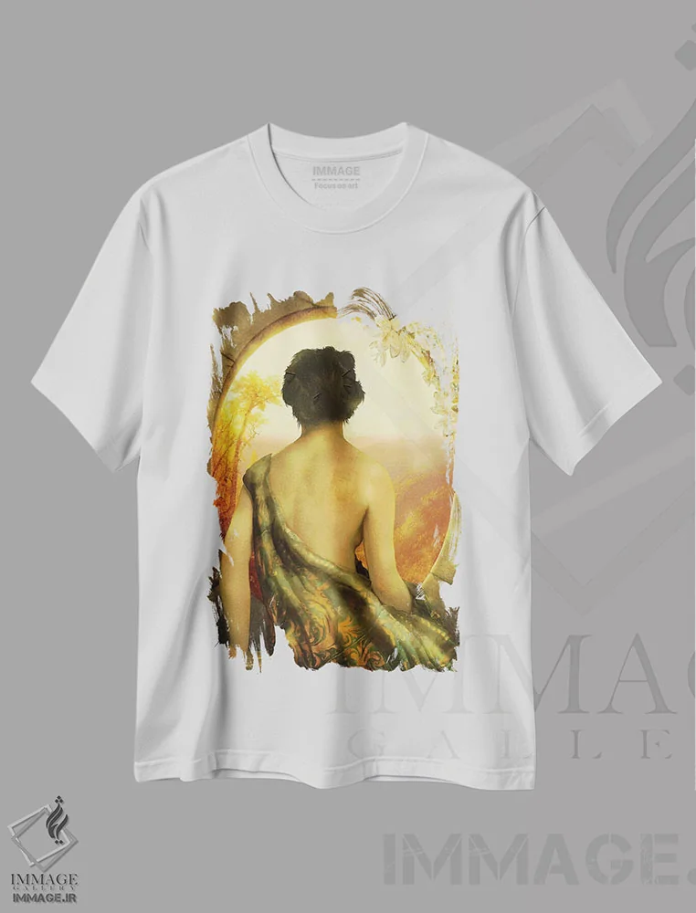 تیشرت سفید طرح دار غروب طلایی، هنر فاخر معاصر اثر دیوگو وریسی مو | فروشگاه ایماژ