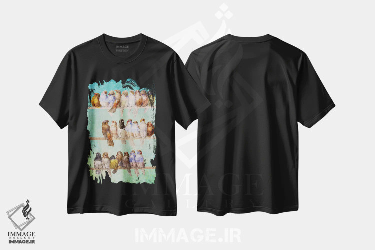 تیشرت مشکی طرح دار پرنده ها پرنده ها پرنده ها، هنر فاخر معاصر اثر دیوگو وریسی مو | فروشگاه ایماژ