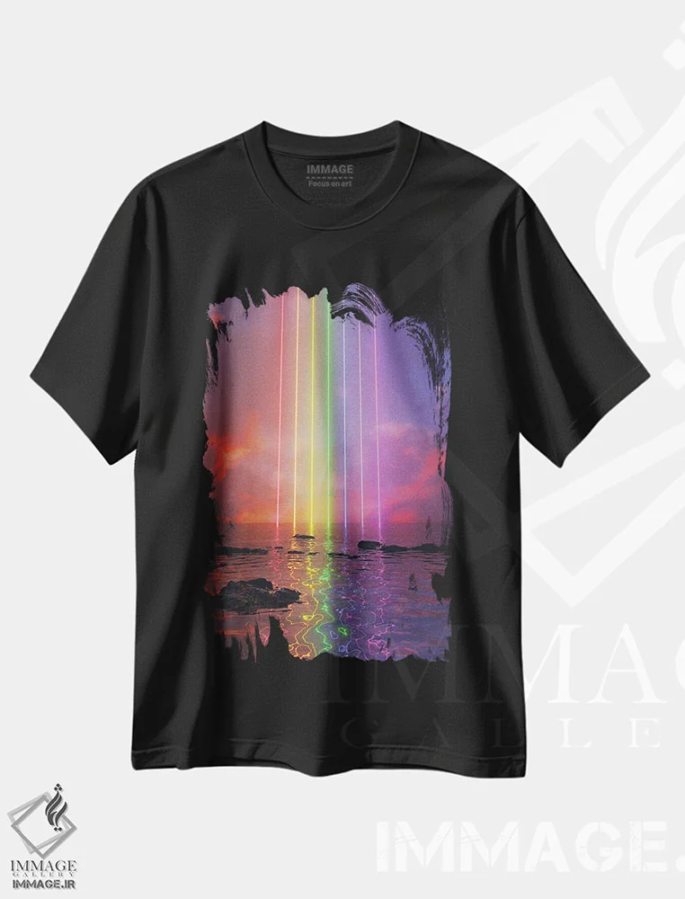 تیشرت مشکی طرح دار رنگین کمان نئونی، دکوراسیون جایگزین اثر داوانش آتری | فروشگاه ایماژ