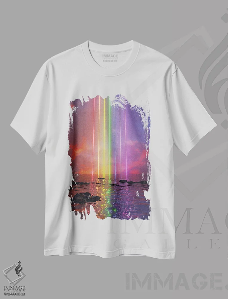 تیشرت سفید طرح دار رنگین کمان نئونی، دکوراسیون جایگزین اثر داوانش آتری | immage.ir