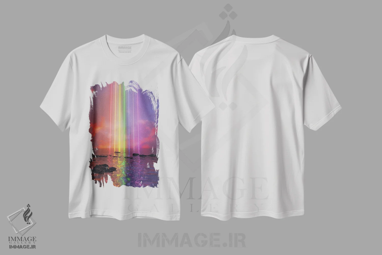 تیشرت سفید طرح دار رنگین کمان نئونی، دکوراسیون جایگزین اثر داوانش آتری | immage.ir