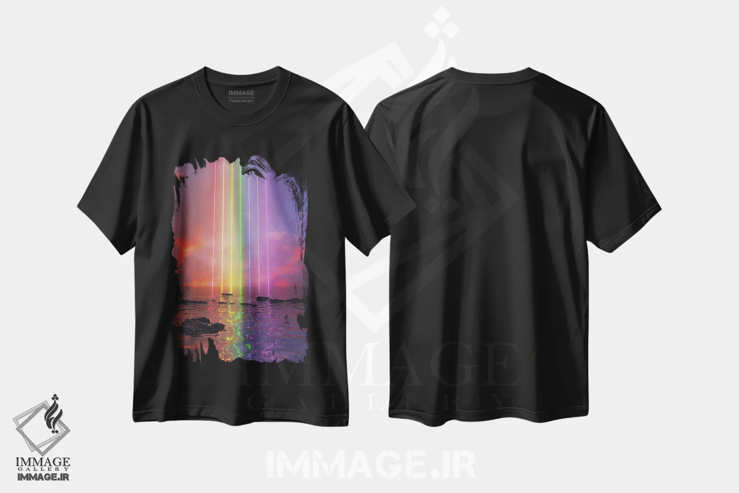 تیشرت مشکی طرح دار رنگین کمان نئونی، دکوراسیون جایگزین اثر داوانش آتری | فروشگاه ایماژ