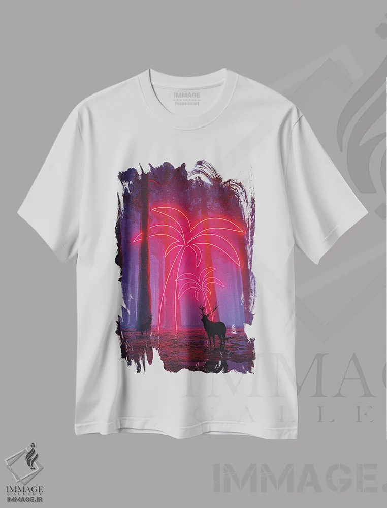 تیشرت سفید طرح دار درختان نئونی، دکوراسیون جایگزین اثر داوانش آتری | فروشگاه ایماژ