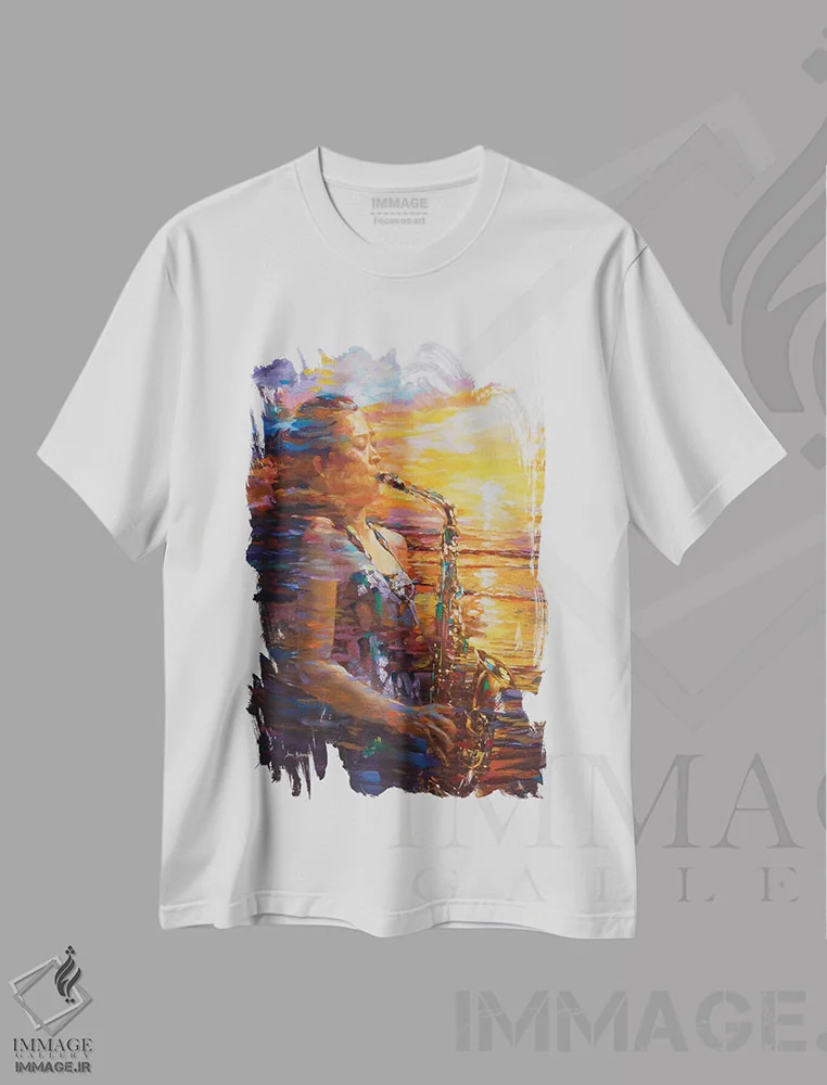 تیشرت سفید طرح دار ساکسیفونِ غروب، هنر فاخر معاصر اثر لئون دوونیس | فروشگاه ایماژ