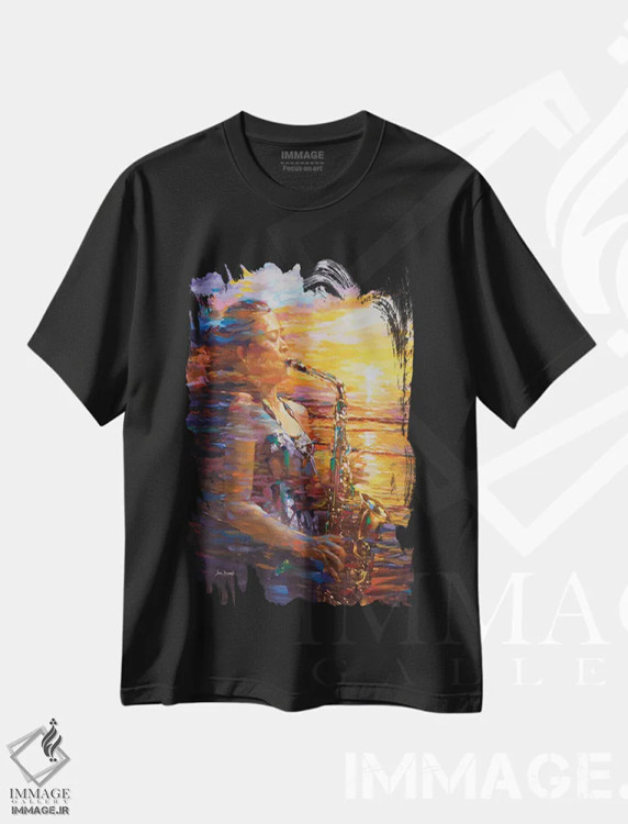 تیشرت مشکی طرح دار ساکسیفونِ غروب، هنر فاخر معاصر اثر لئون دوونیس | immage.ir