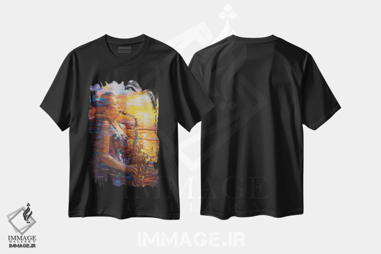 تیشرت مشکی طرح دار ساکسیفونِ غروب، هنر فاخر معاصر اثر لئون دوونیس | immage.ir