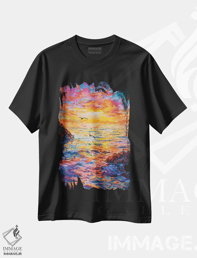 تیشرت مشکی طرح دار غروب بر فراز اقیانوس، دکور معاصر اثر لئون دوونیس | فروشگاه ایماژ