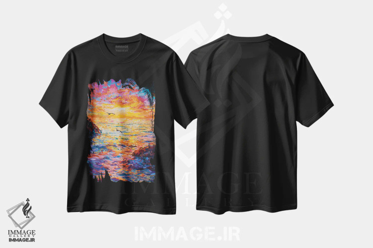 تیشرت مشکی طرح دار غروب بر فراز اقیانوس، دکور معاصر اثر لئون دوونیس | فروشگاه ایماژ