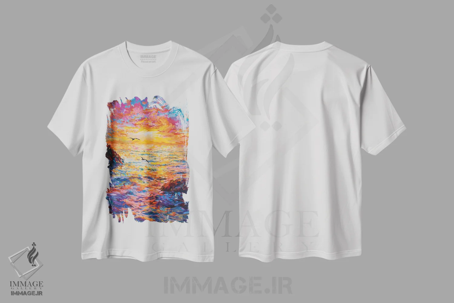تیشرت سفید طرح دار غروب بر فراز اقیانوس، دکور معاصر اثر لئون دوونیس | immage.ir