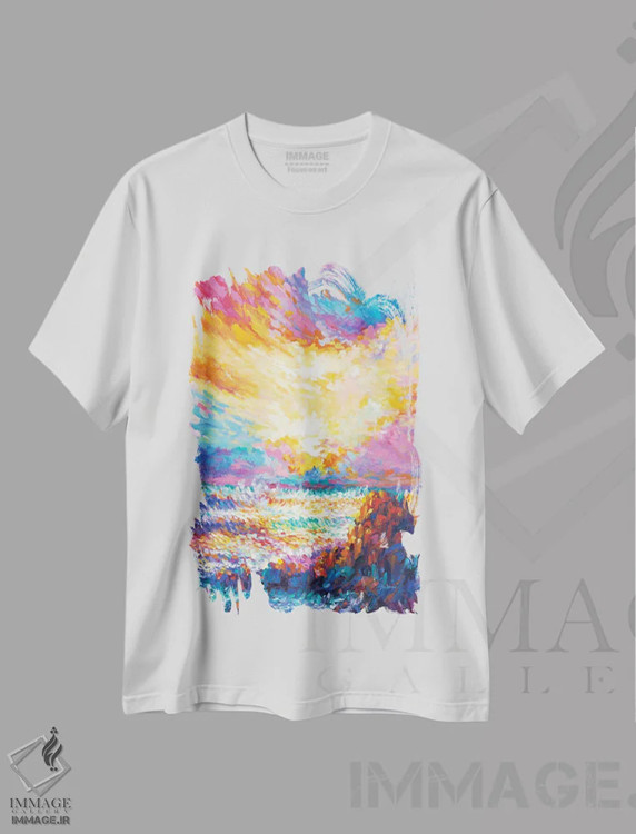 تیشرت سفید طرح دار شعر هنگام غروب آفتاب، دکور معاصر اثر لئون دوونیس | immage.ir