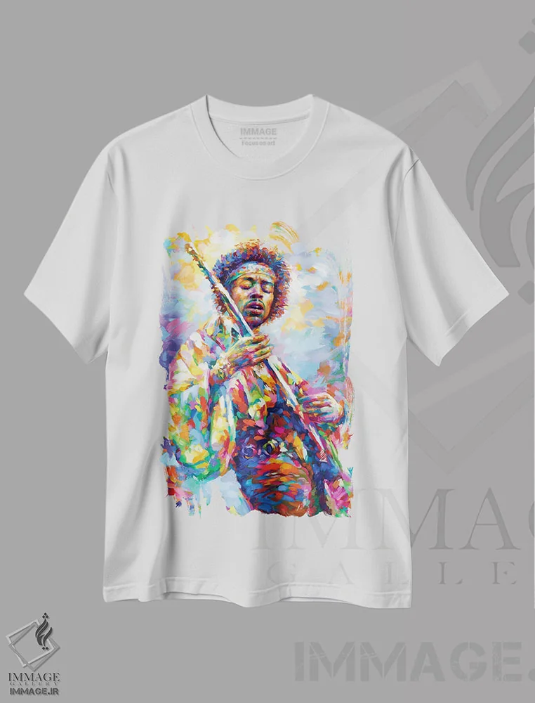 تیشرت سفید طرح دار جیمی هندریکس، هنر فاخر معاصر اثر لئون دوونیس | فروشگاه ایماژ