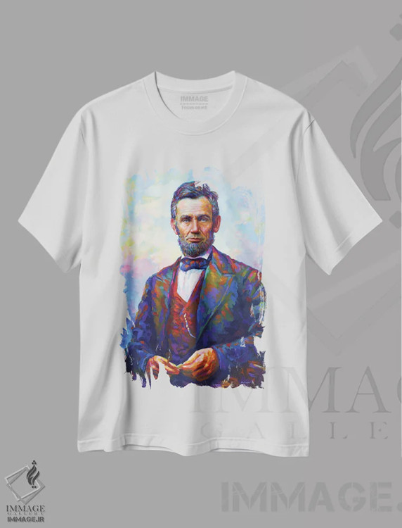 تیشرت سفید طرح دار آبراهام لینکلن، هنر فاخر معاصر اثر لئون دوونیس | فروشگاه ایماژ