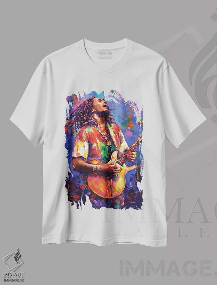 تیشرت سفید طرح دار باب مارلی، هنر فاخر معاصر اثر لئون دوونیس | immage.ir