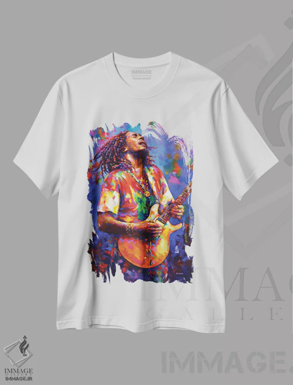 تیشرت سفید طرح دار باب مارلی، هنر فاخر معاصر اثر لئون دوونیس | immage.ir