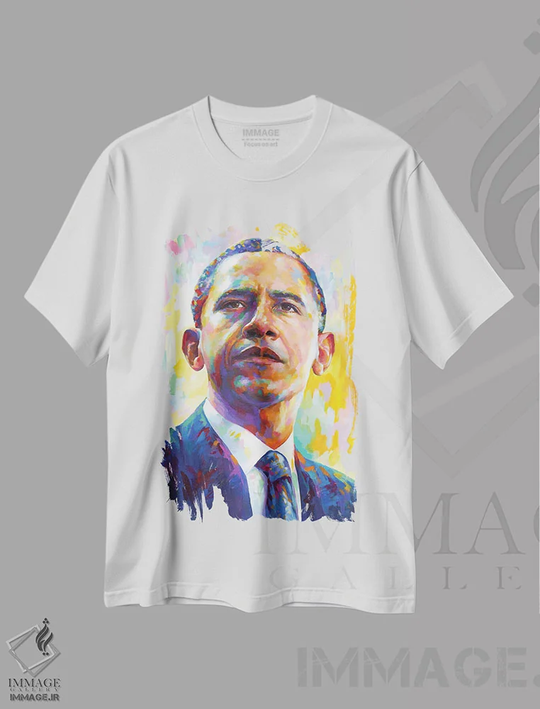 تیشرت سفید طرح دار رئیس جمهور اوباما، هنر فاخر معاصر اثر لئون دوونیس | فروشگاه ایماژ