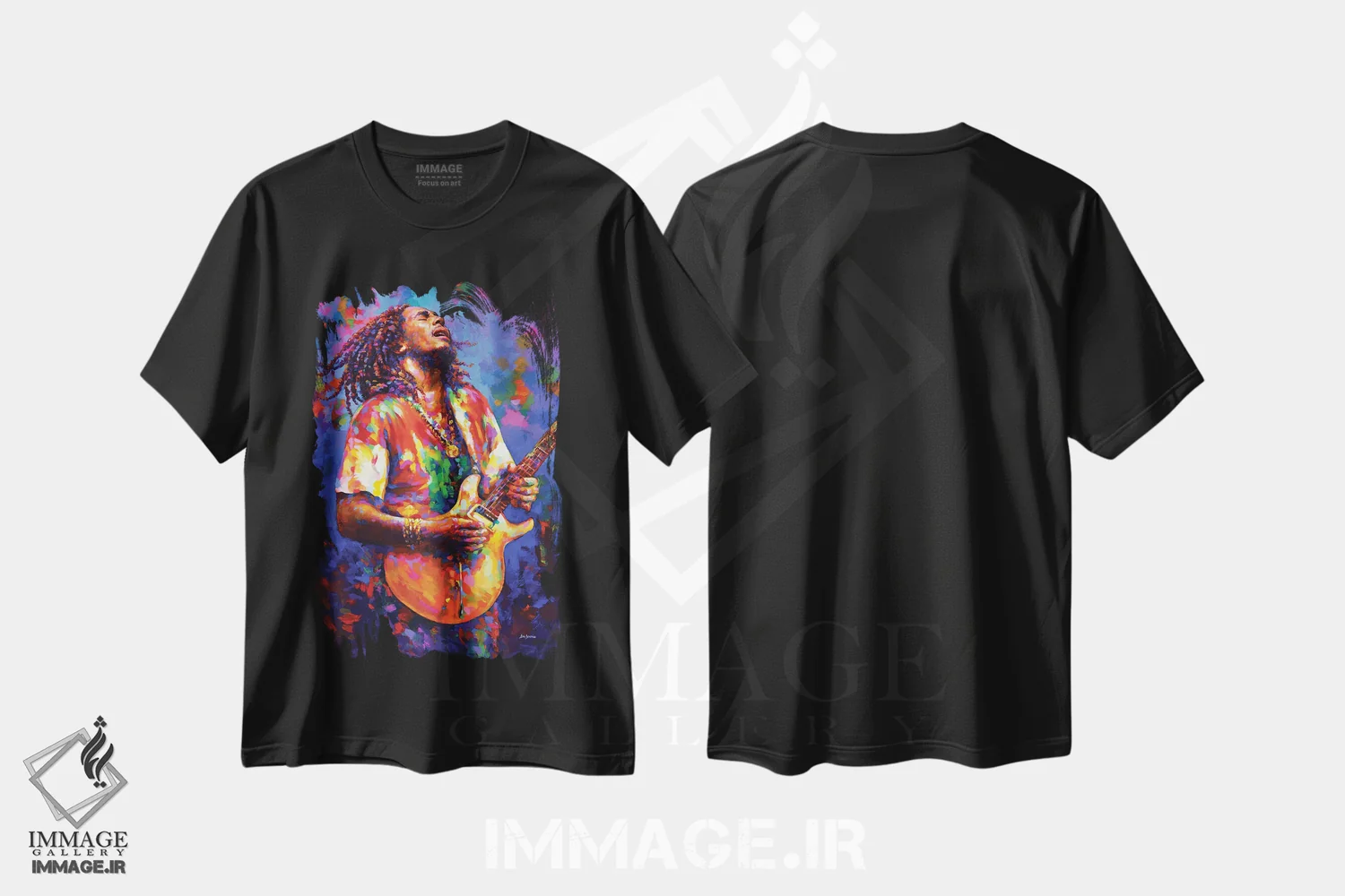 تیشرت مشکی طرح دار باب مارلی، هنر فاخر معاصر اثر لئون دوونیس | فروشگاه ایماژ