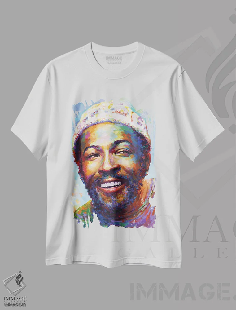 تیشرت سفید طرح دار ماروین گی ۱، هنر فاخر معاصر اثر لئون دوونیس | immage.ir