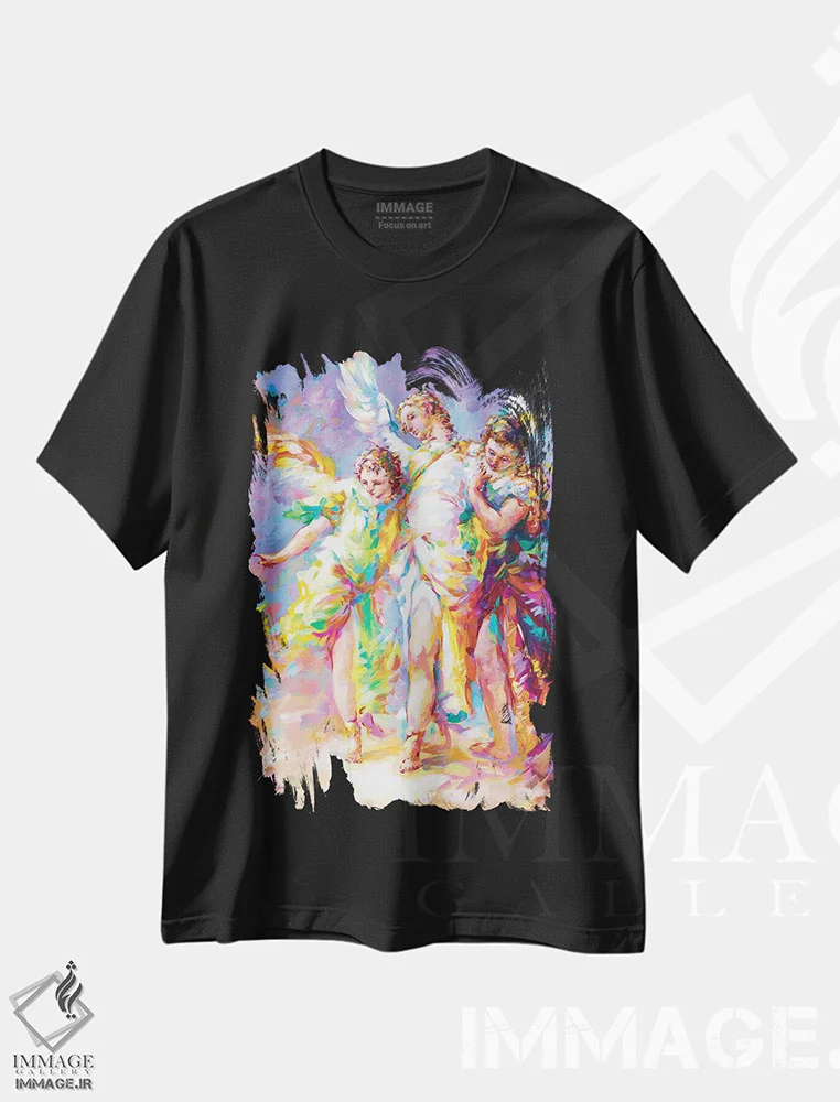 تیشرت مشکی طرح دار فرشتگان نگهبان، هنر فاخر معاصر اثر لئون دوونیس | immage.ir