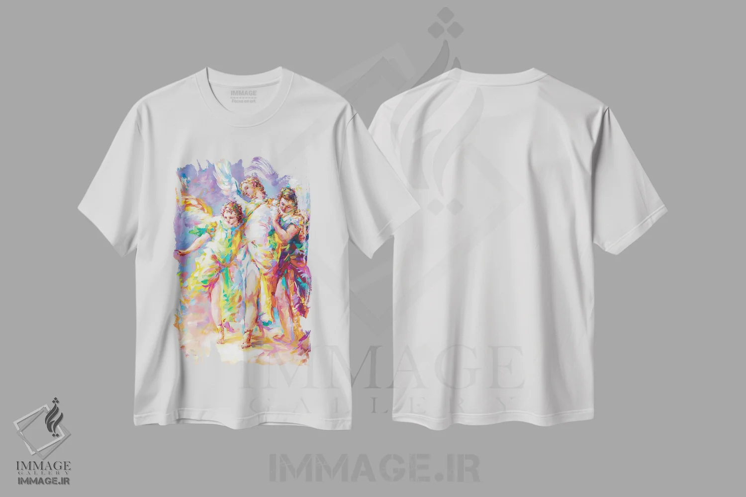تیشرت سفید طرح دار فرشتگان نگهبان، هنر فاخر معاصر اثر لئون دوونیس | فروشگاه ایماژ