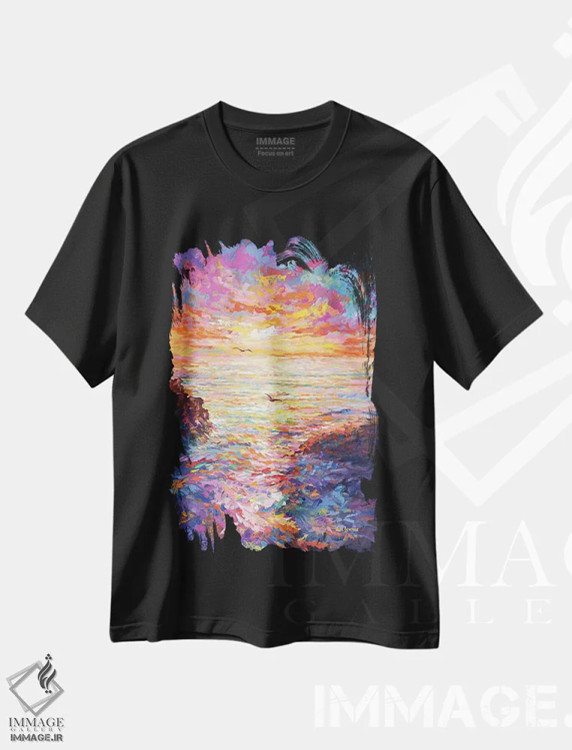 تیشرت مشکی طرح دار غروب اقیانوس ۲، هنر فاخر معاصر اثر لئون دوونیس | immage.ir