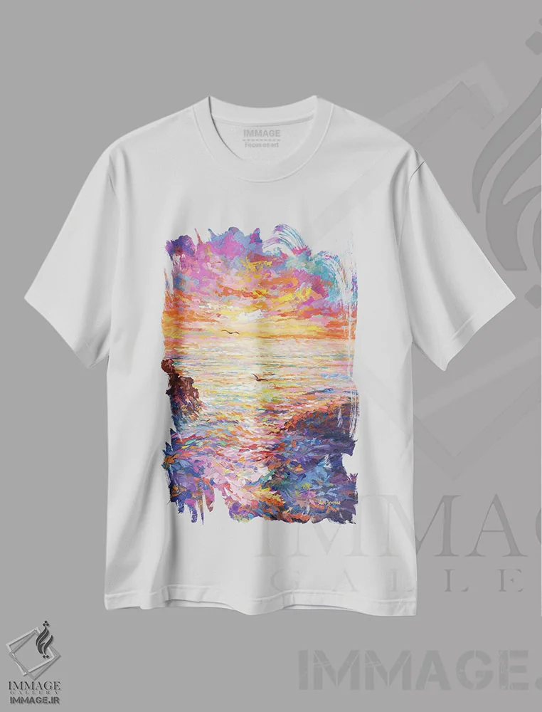 تیشرت سفید طرح دار غروب اقیانوس ۲، هنر فاخر معاصر اثر لئون دوونیس | فروشگاه ایماژ