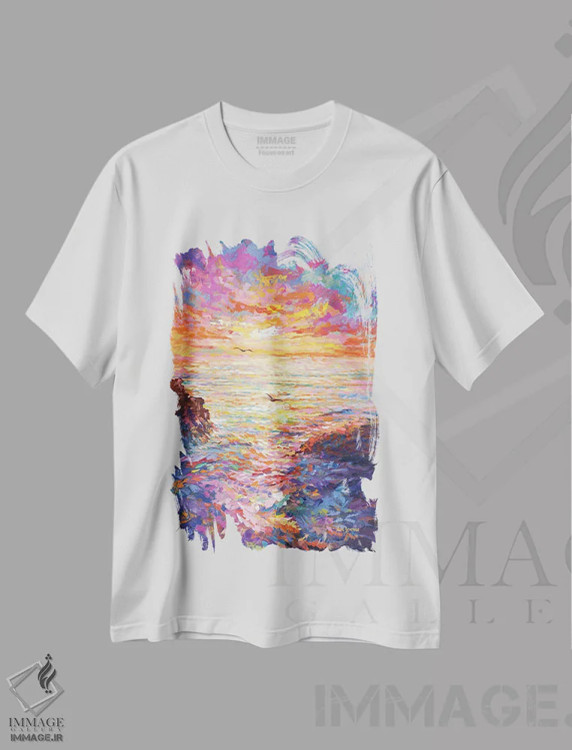 تیشرت سفید طرح دار غروب اقیانوس ۲، هنر فاخر معاصر اثر لئون دوونیس | فروشگاه ایماژ