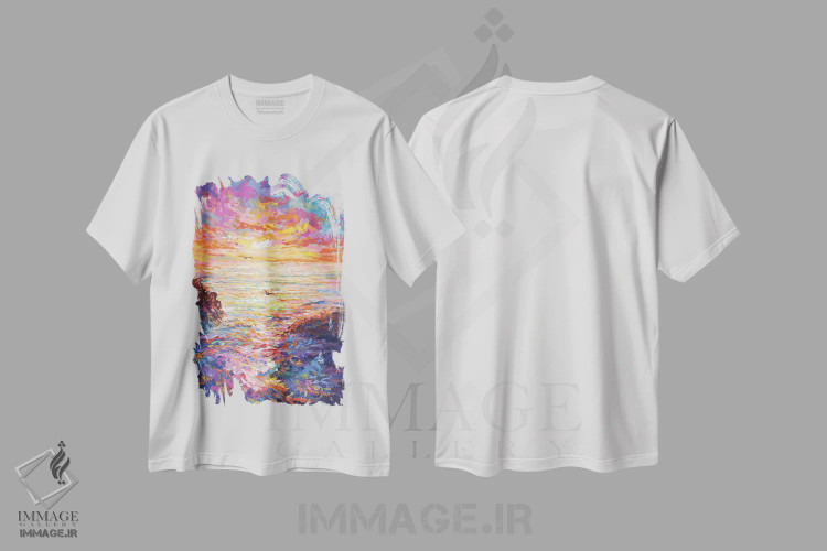تیشرت سفید طرح دار غروب اقیانوس ۲، هنر فاخر معاصر اثر لئون دوونیس | فروشگاه ایماژ