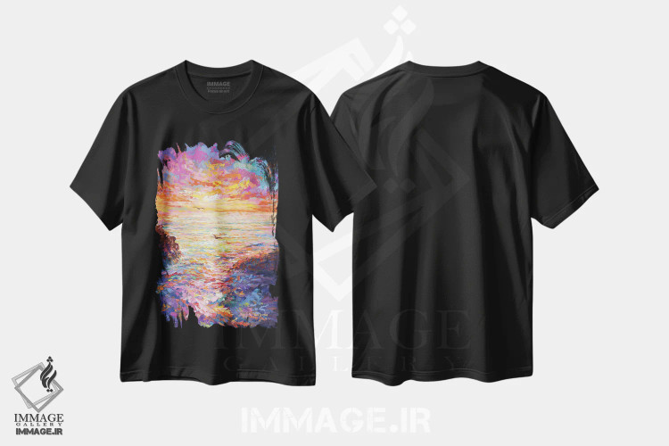 تیشرت مشکی طرح دار غروب اقیانوس ۲، هنر فاخر معاصر اثر لئون دوونیس | immage.ir