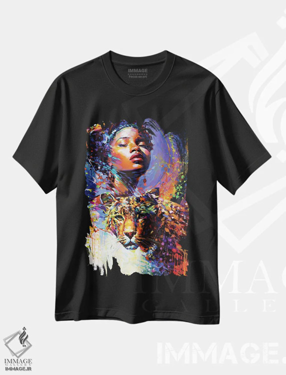 تیشرت مشکی طرح دار زیبایی آفریقایی و نگاه پلنگ، هنر آمریکایی آفریقایی تبار اثر لئون دوونیس | immage.ir