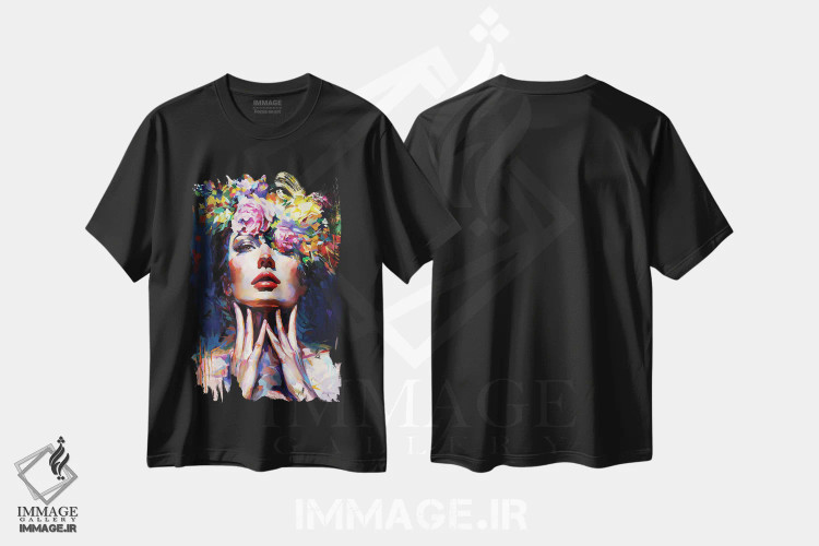 تیشرت مشکی طرح دار راز در شکوفه، هنر فاخر معاصر اثر لئون دوونیس | فروشگاه ایماژ