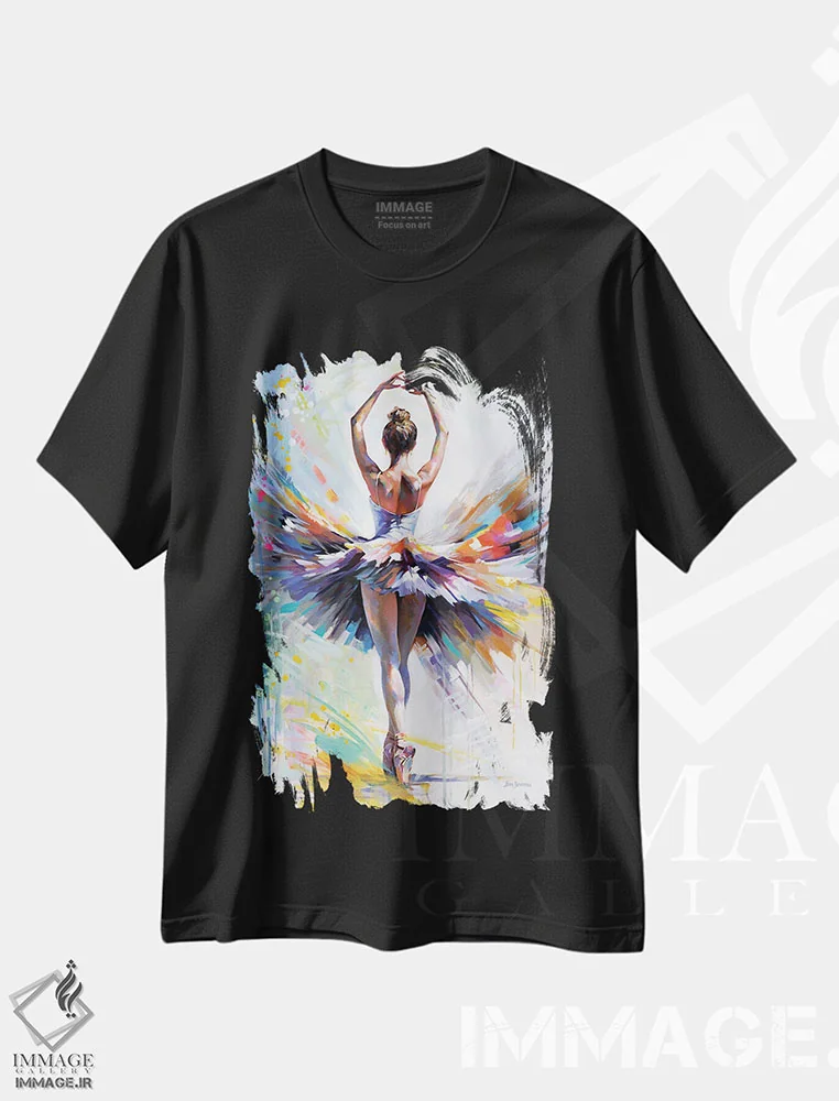 تیشرت مشکی طرح دار مقدمه ای بر شور و اشتیاق بالرینا، هنر فاخر معاصر اثر لئون دوونیس | فروشگاه ایماژ