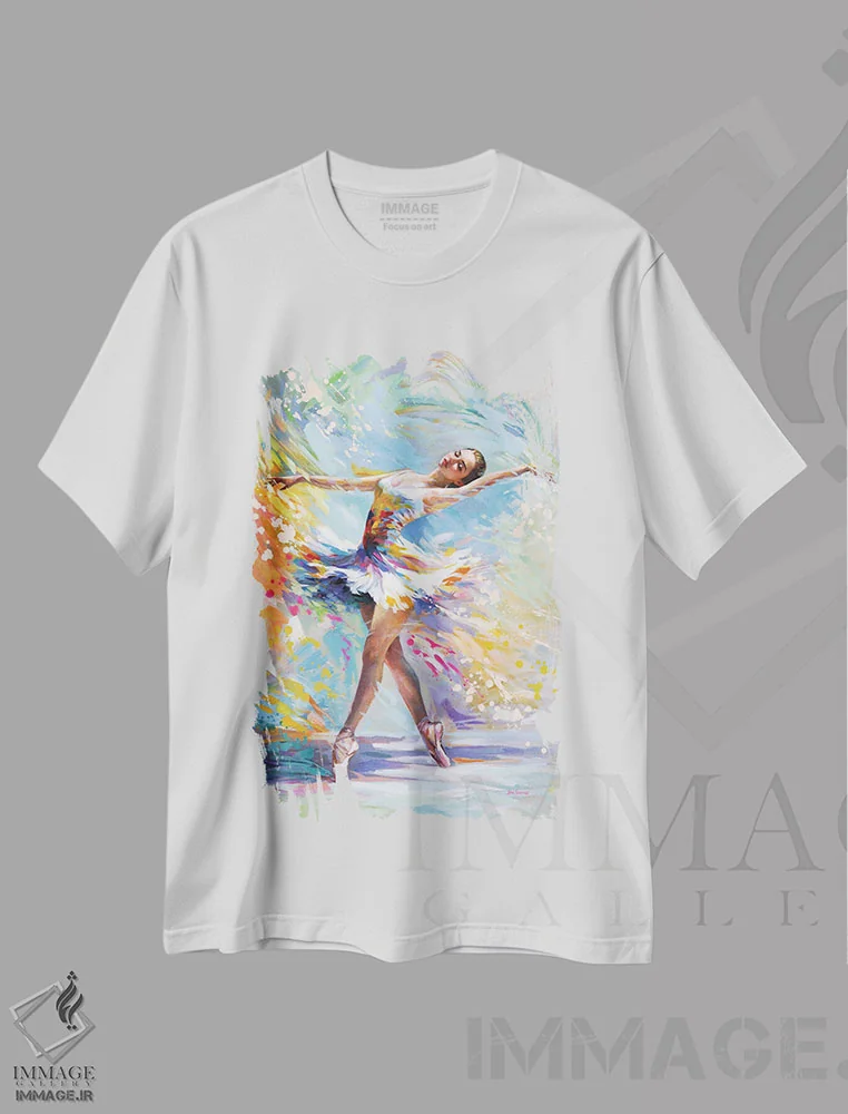 تیشرت سفید طرح دار بالرینای رنگارنگ، دکور معاصر اثر لئون دوونیس | فروشگاه ایماژ