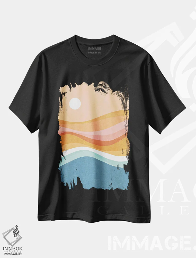تیشرت مشکی طرح دار موج های رنگین کمانی، آبستره اثر دومینیک واری | immage.ir