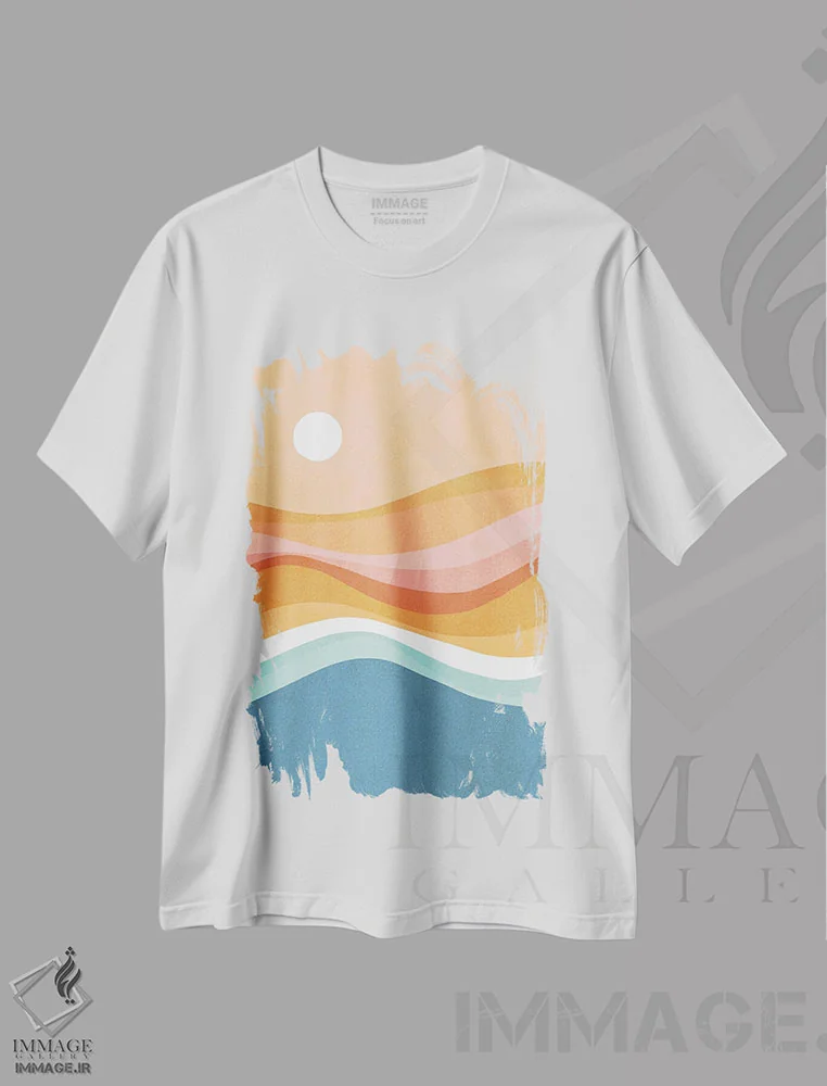 تیشرت سفید طرح دار موج های رنگین کمانی، آبستره اثر دومینیک واری | فروشگاه ایماژ