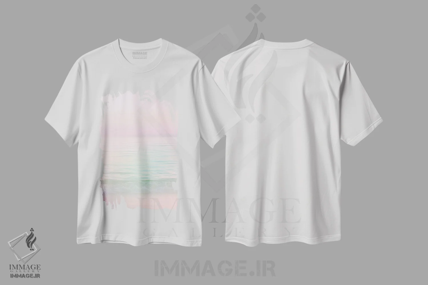 تیشرت سفید طرح دار منظرهٔ دریایی به رنگ صورتی ملایم و رویاگون ۱، دکور ساحلی اثر دومینیک واری | فروشگاه ایماژ