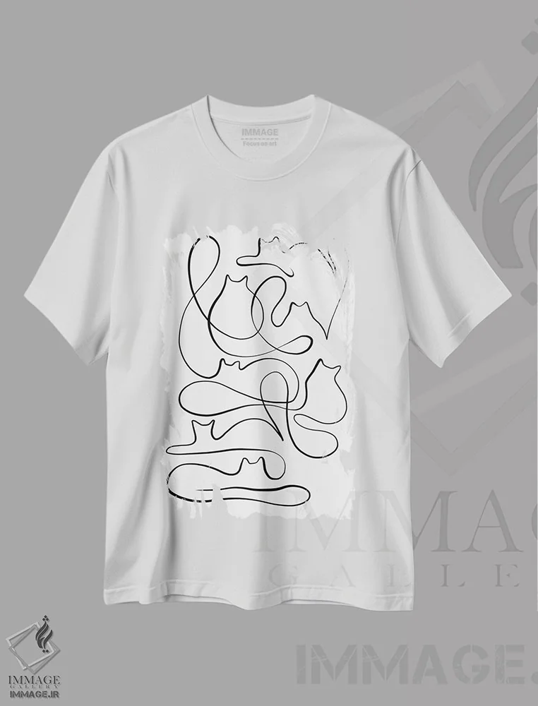 تیشرت سفید طرح دار خط نگاری سیلوئت گربه، هنر تزئینی سیاه و سفید اثر دومینیک واری | immage.ir