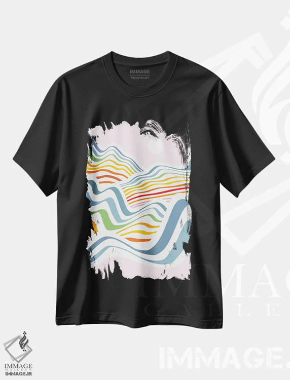 تیشرت مشکی طرح دار موج های رنگین کمانی ۳، آبستره اثر دومینیک واری | immage.ir