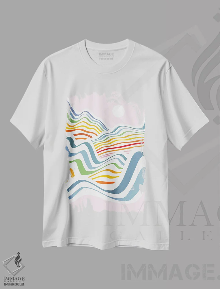 تیشرت سفید طرح دار موج های رنگین کمانی ۳، آبستره اثر دومینیک واری | فروشگاه ایماژ