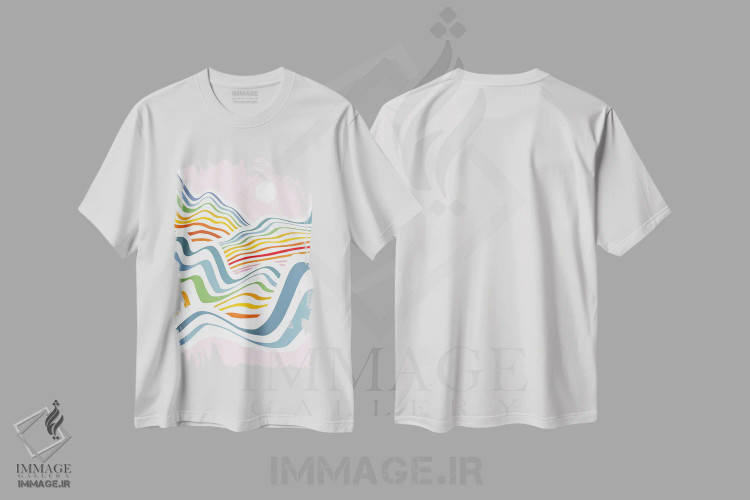 تیشرت سفید طرح دار موج های رنگین کمانی ۳، آبستره اثر دومینیک واری | فروشگاه ایماژ