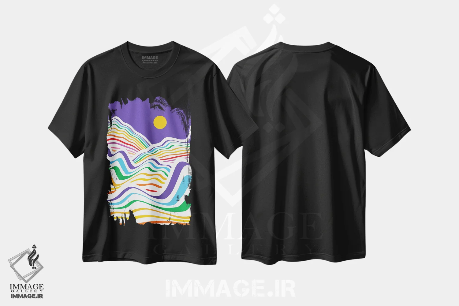 تیشرت مشکی طرح دار موج های رنگین کمانی ۵، آبستره اثر دومینیک واری | فروشگاه ایماژ