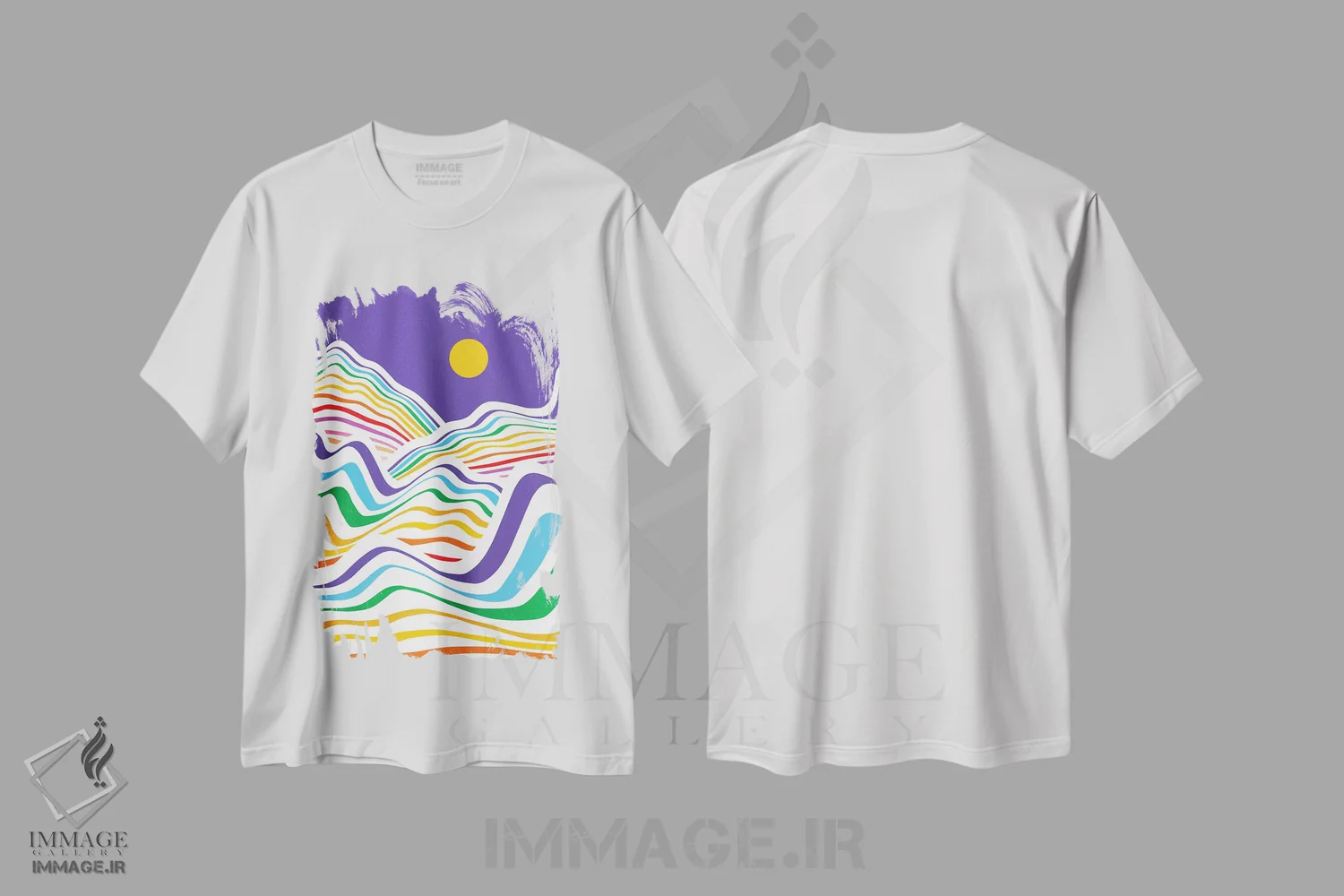 تیشرت سفید طرح دار موج های رنگین کمانی ۵، آبستره اثر دومینیک واری | immage.ir