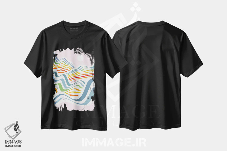 تیشرت مشکی طرح دار موج های رنگین کمانی ۳، آبستره اثر دومینیک واری | immage.ir