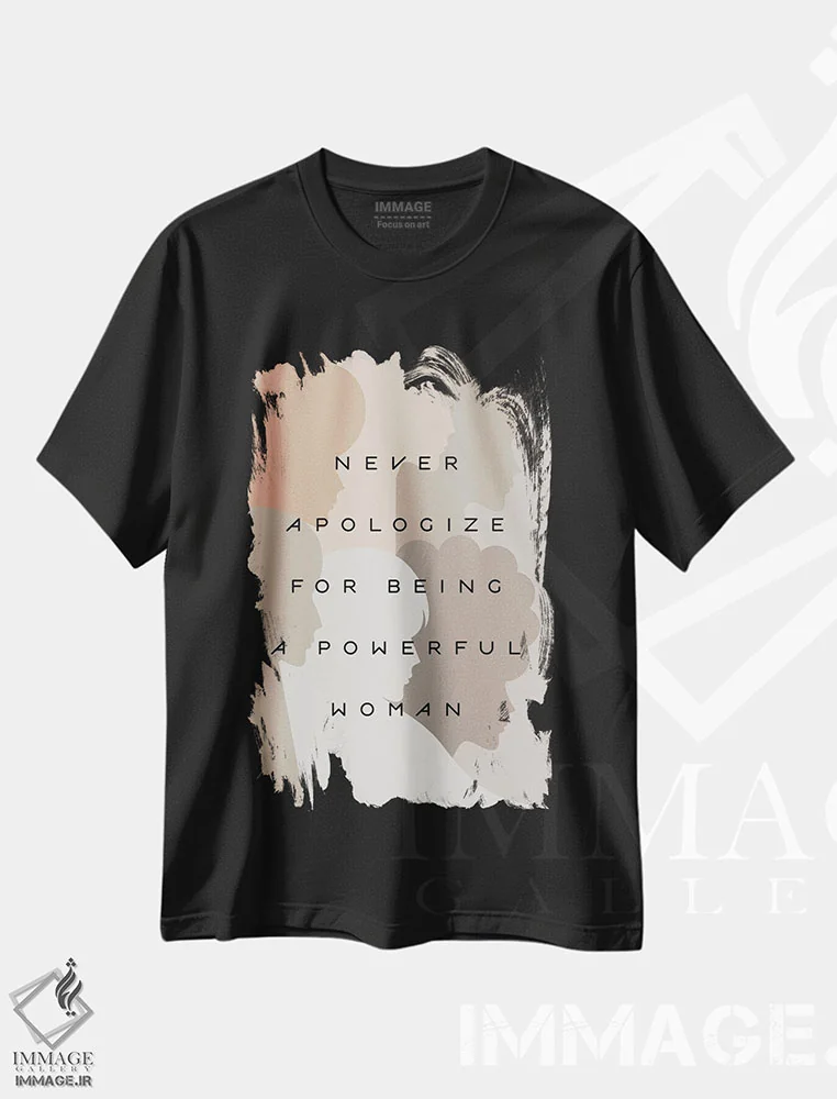 تیشرت مشکی طرح دار قدرت دختران، هرگز عذرخواهی نکن، هنر آمریکایی آفریقایی تبار اثر دومینیک واری | فروشگاه ایماژ