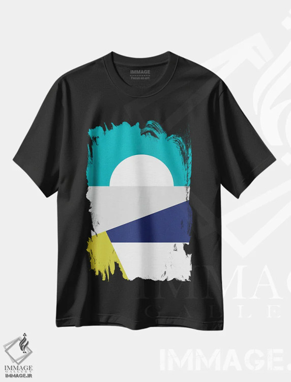 تیشرت مشکی طرح دار هندسهٔ آبی مدرن میان قرن، آبستره اثر دومینیک واری | فروشگاه ایماژ