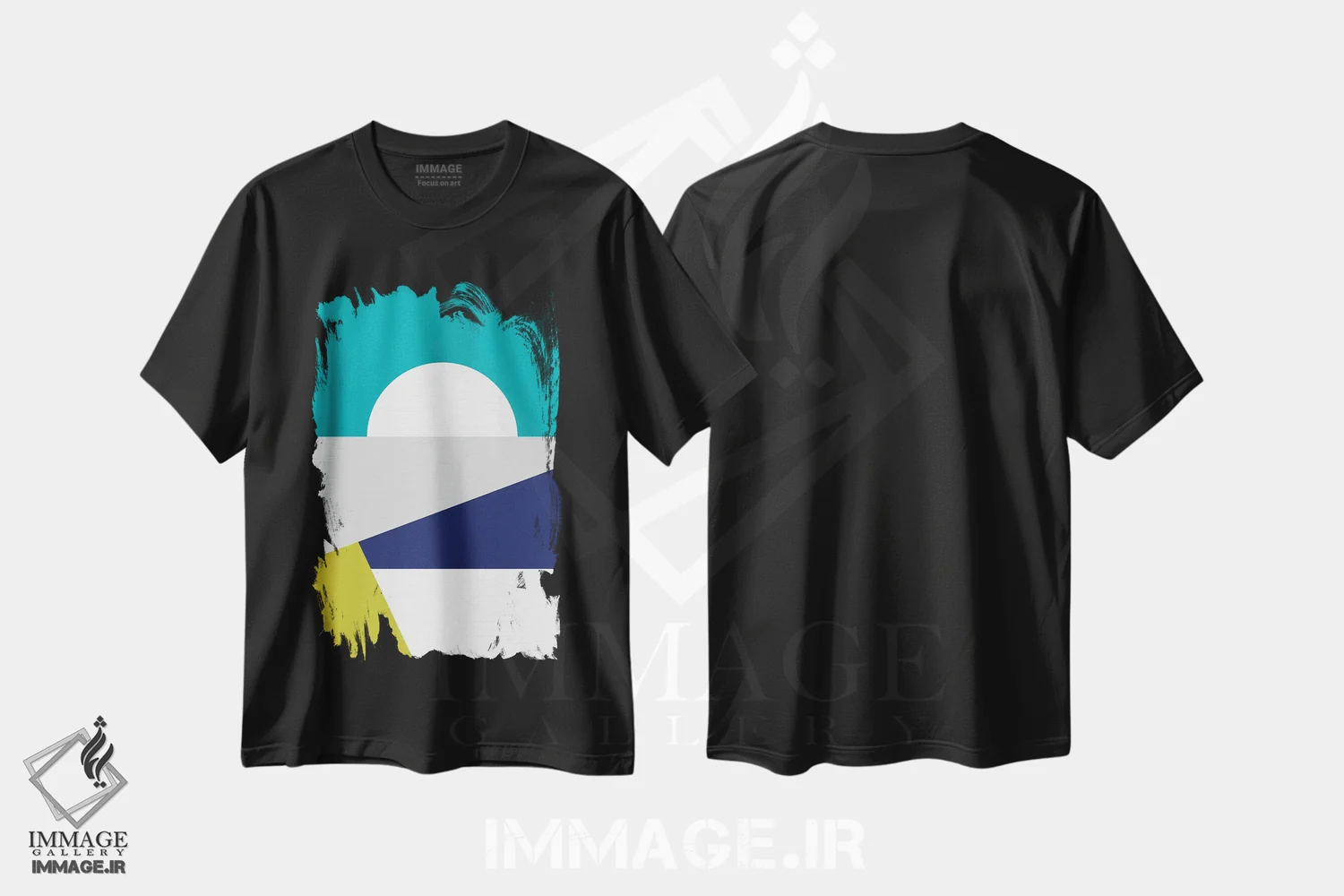 تیشرت مشکی طرح دار هندسهٔ آبی مدرن میان قرن، آبستره اثر دومینیک واری | فروشگاه ایماژ