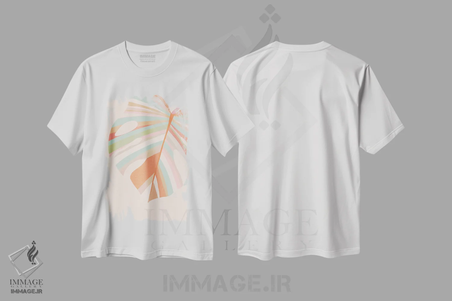تیشرت سفید طرح دار برگ های مانسترا صورتی، بنفش و قرمز، تزئینی اثر دومینیک واری | immage.ir