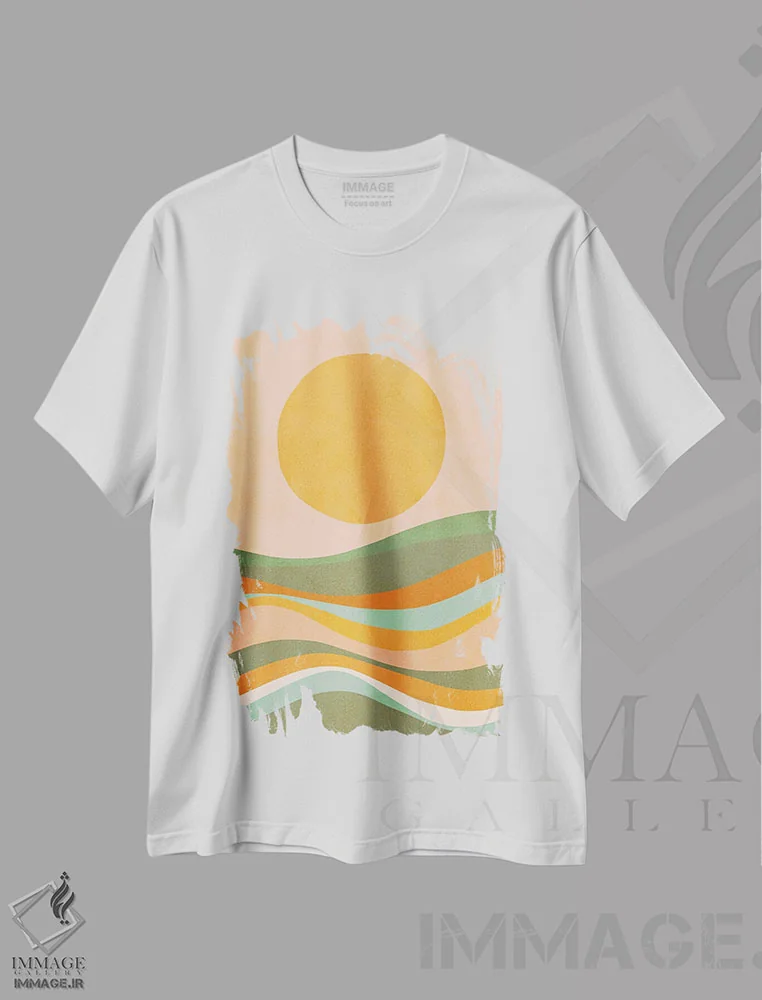 تیشرت سفید طرح دار منظرهٔ موج های رنگین کمانی، آبستره اثر دومینیک واری | immage.ir