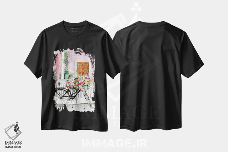 تیشرت مشکی طرح دار دوچرخه سواری بهاری، دکور معاصر اثر داگوود پورتفولیو | فروشگاه ایماژ